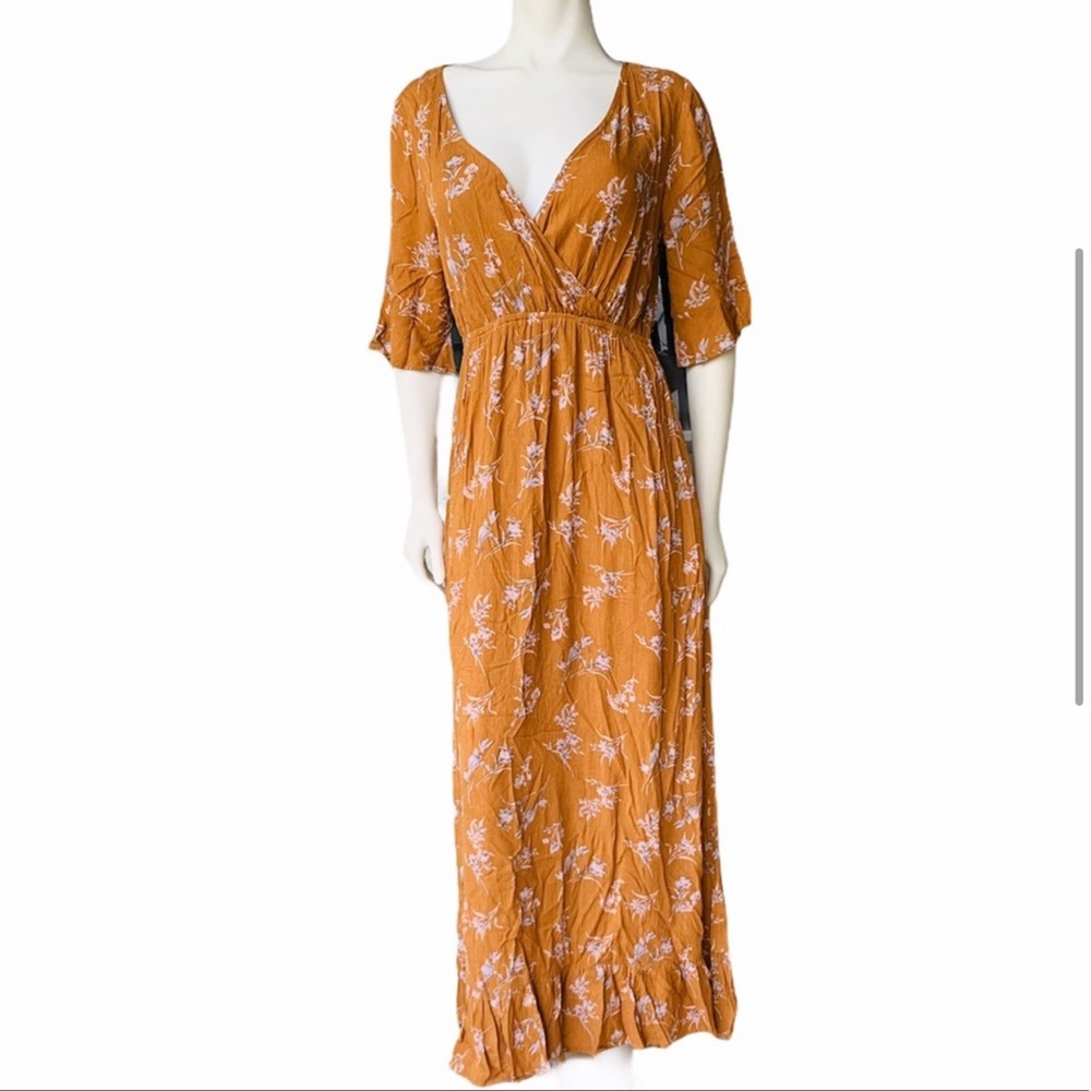 Polagram Boho Rust Floral Maxi V Neck Dress